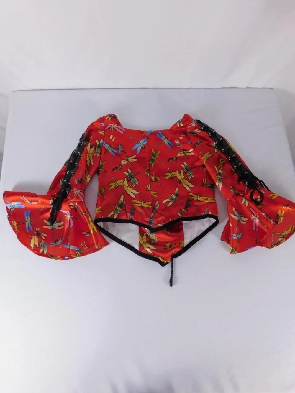 Handmade Blouse Girls 8 Red Dragonfly Print Satin Lace Up Bell Sleeve Cropped
